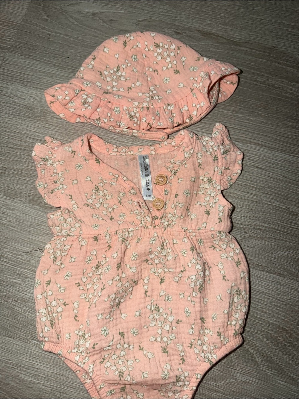 Infant Peach Floral Cotton Matching Set with Sun Hat